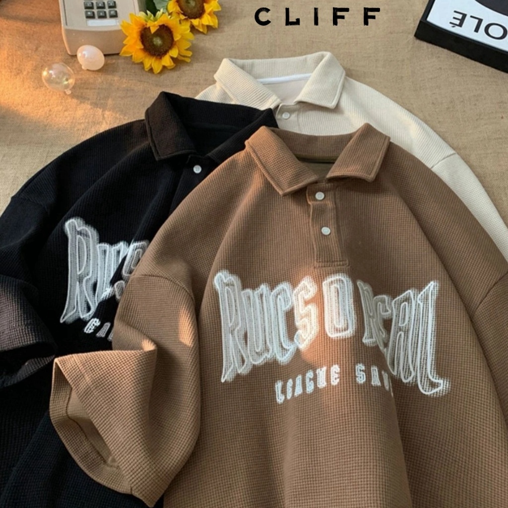 CLIFF วาฟเฟิลด์ แนววินเทจ เสื้อยืด การออกแบบพิมพ์  เสื้อโปโล แขนสั้นฤดูร้อน แบบหลวม สไตล์อเมริกัน