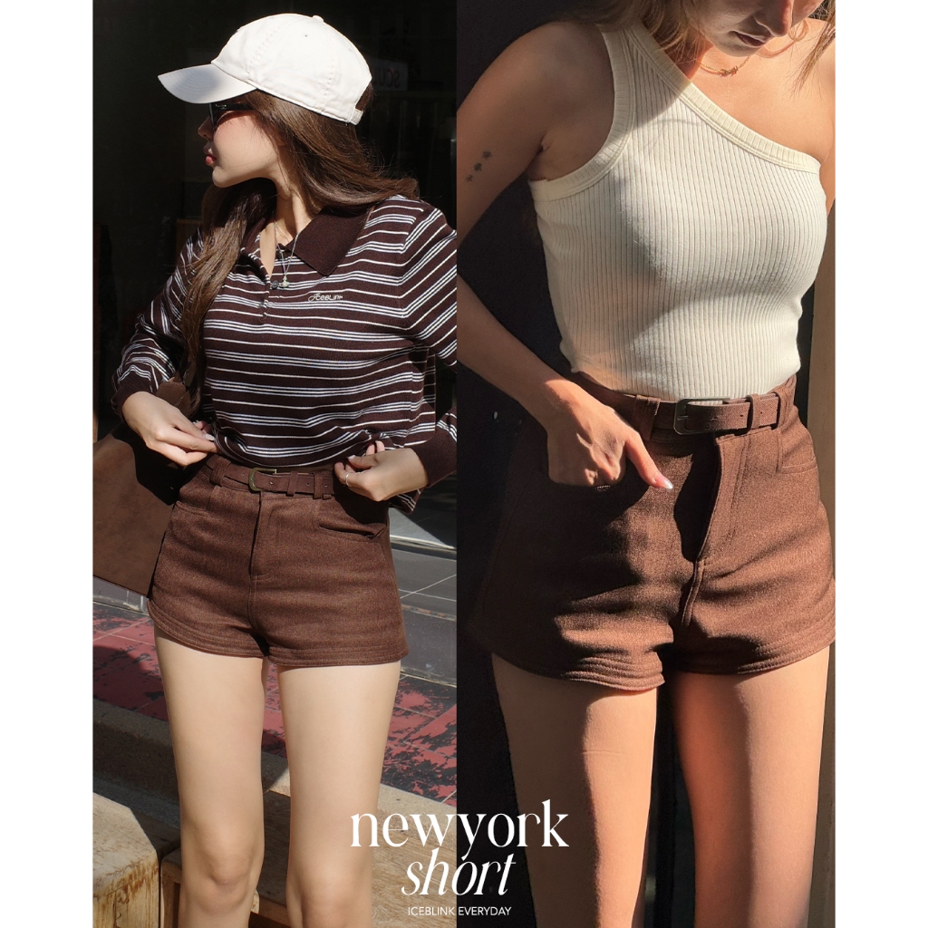 ICEBLINK l Newyork shorts กางเกงขาสั้นพร้อมเข็มขัดOld Money Style(เช็ครายละเอียดไซต์ก่อนสั่งซื้อ)