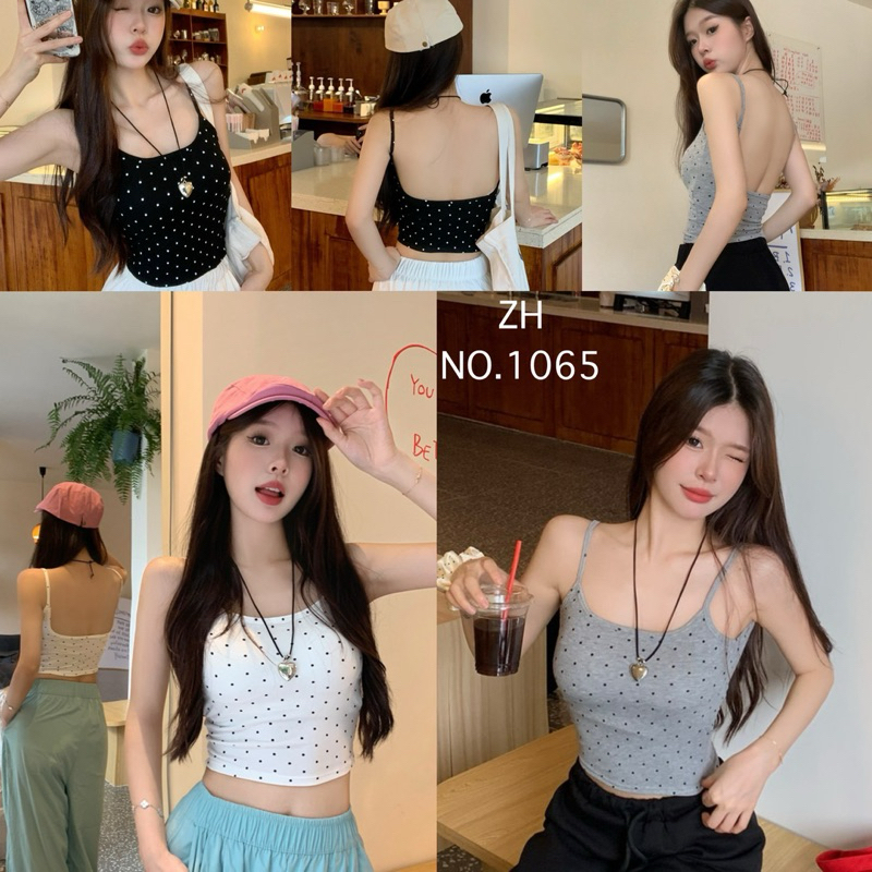 ZH.1065เสื้อสายเดี่ยวเว้าหลังลายจุดน่ารักๆ(ฟองน้ำในตัว)บราสายเดี่ยวผ้าฝ้ายงานอย่างดี