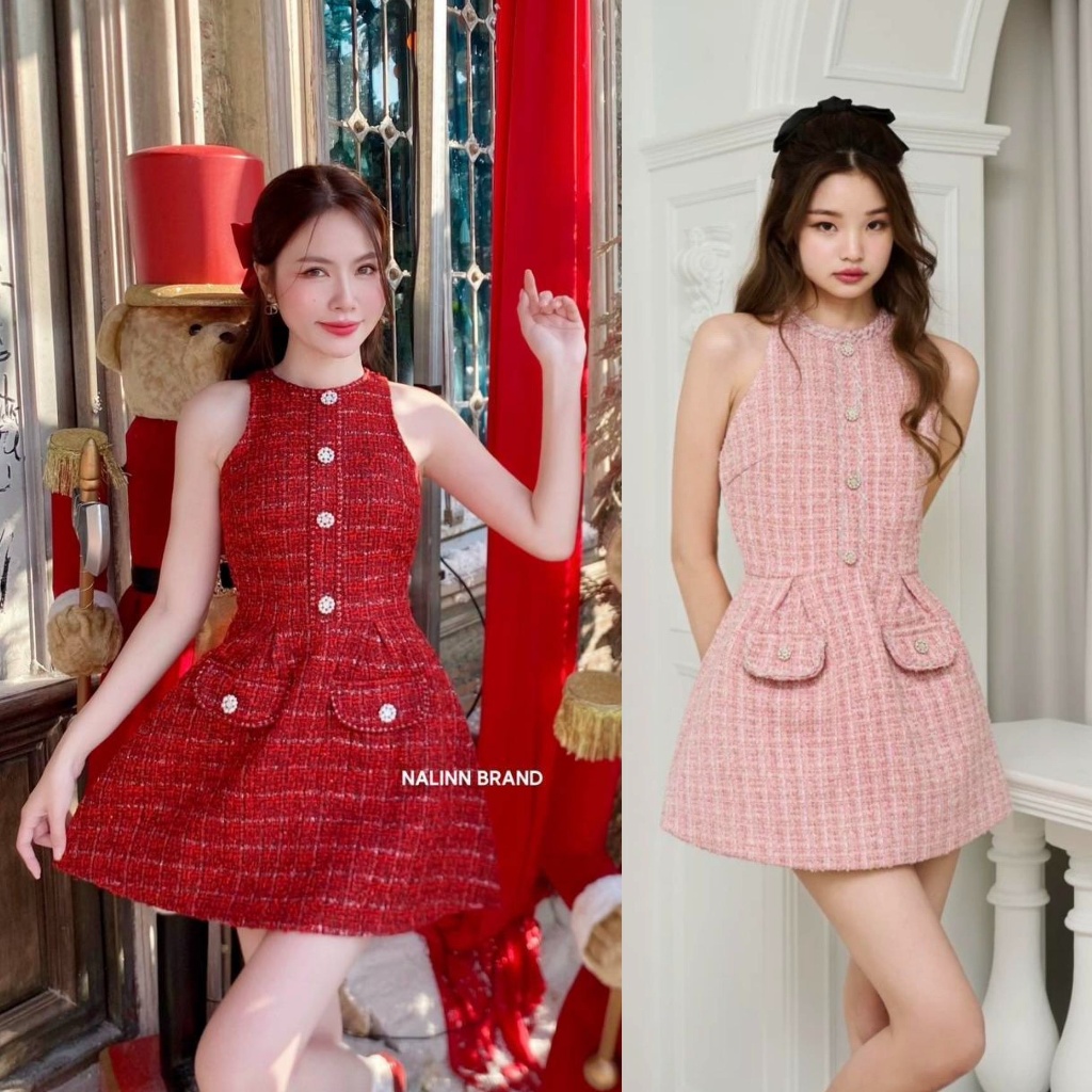 พร้อมส่ง NALINN MINI DRESS ผ้าทวิตสีชมพู สีแดง คริสต์มาส ลูกคุณหนู ใส่ออกงาน ออกเดท
