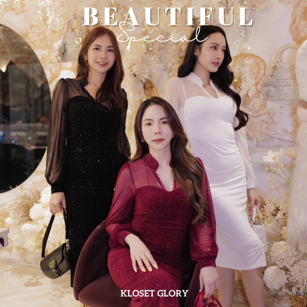 K392 : เดรสยาวรัดรูปผ้ากำมะหยี่เลี่ยมเพชรเเขนเเขนชีฟองสีดำ