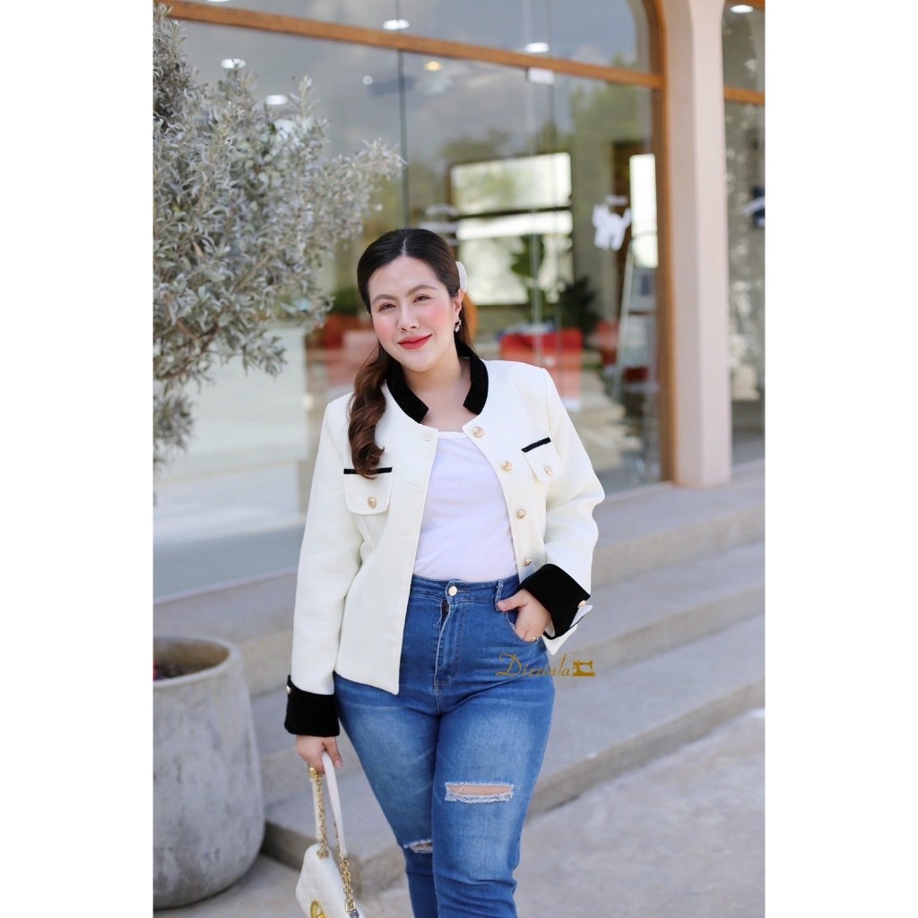 Dz294-Blazer เสื้อคลุมทวีตสีครีม