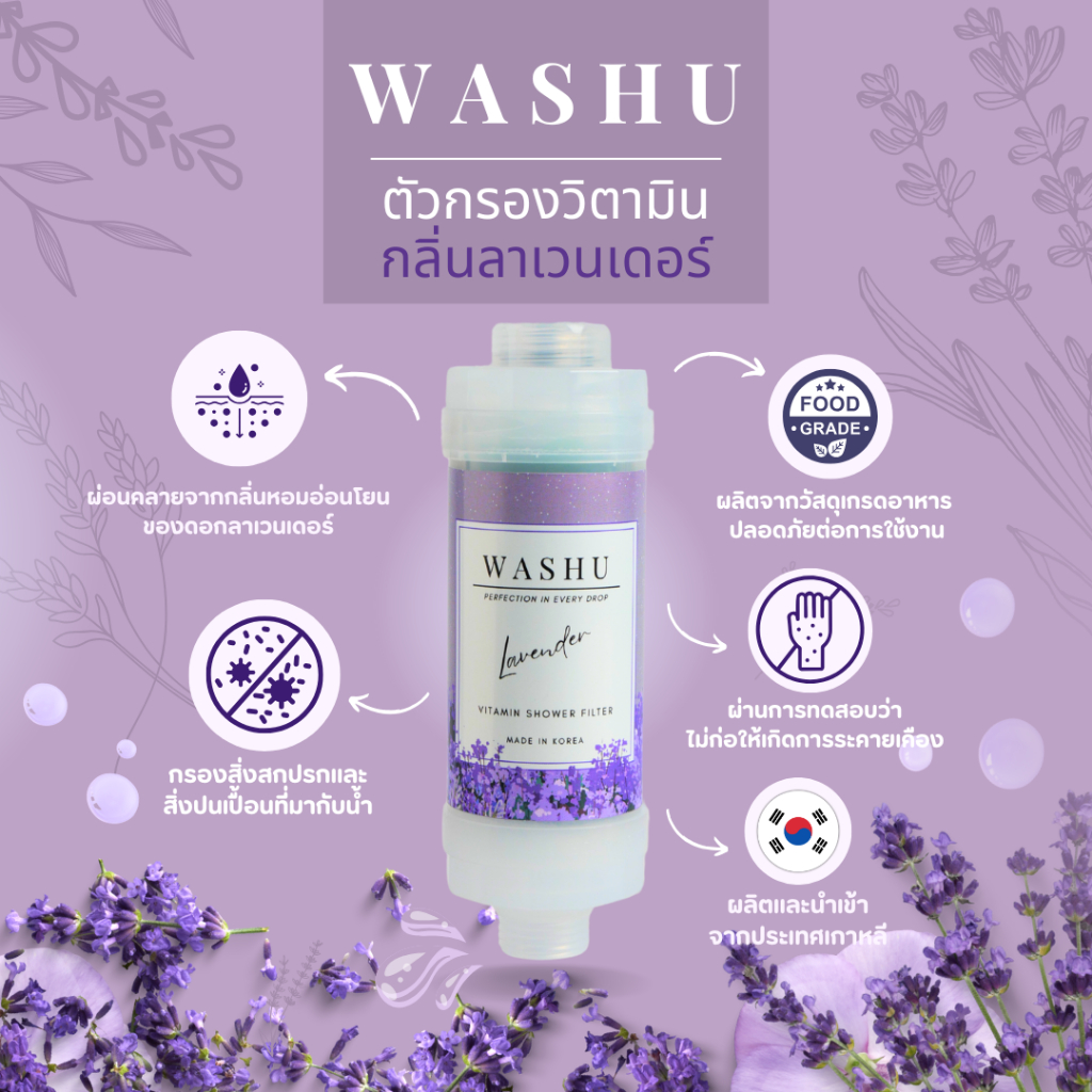 WASHU Vitamin Shower Filter - LAVENDER ตัวกรองฝักบัว กรองคลอรีนพร้อมวิตามินบำรุงผิว ผลิตจากเกาหลี