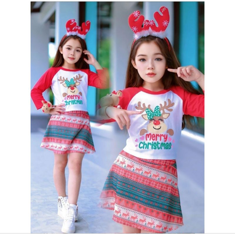 ชุดคริสต์มาสลูกสาว ชุดเซท เสื้อ+กระโปรงน่ารัก