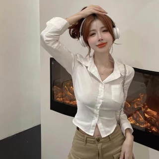 เสื้อเชิ้ตแขนยาวสีขาว ดีไซน์เก๋ สไตล์น้อยคน ใส่แล้วดูเพรียว