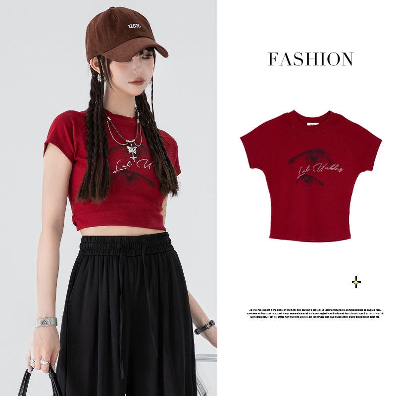 Lalisa พร้อมส่ง เสื้อยืดแขนสั้น เสื้อรัดรูป คอกลม ทรงเอวลอย Y2K เสื้อครอปแฟชั่นผู้หญิง พิมพ์ลายตา น่ารัก สไตล์เกาหลี
