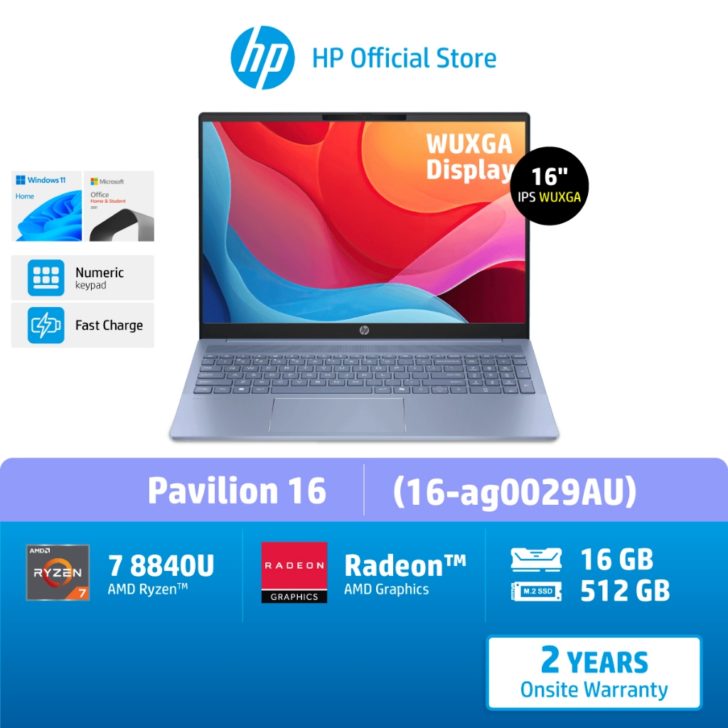 [จอใหญ่ 16" WUXGA] HP Pavilion 16 | Ryzen7-8840U | AMD Radeon | 16GB/512GB | Win11+MS21 16-ag0029AU