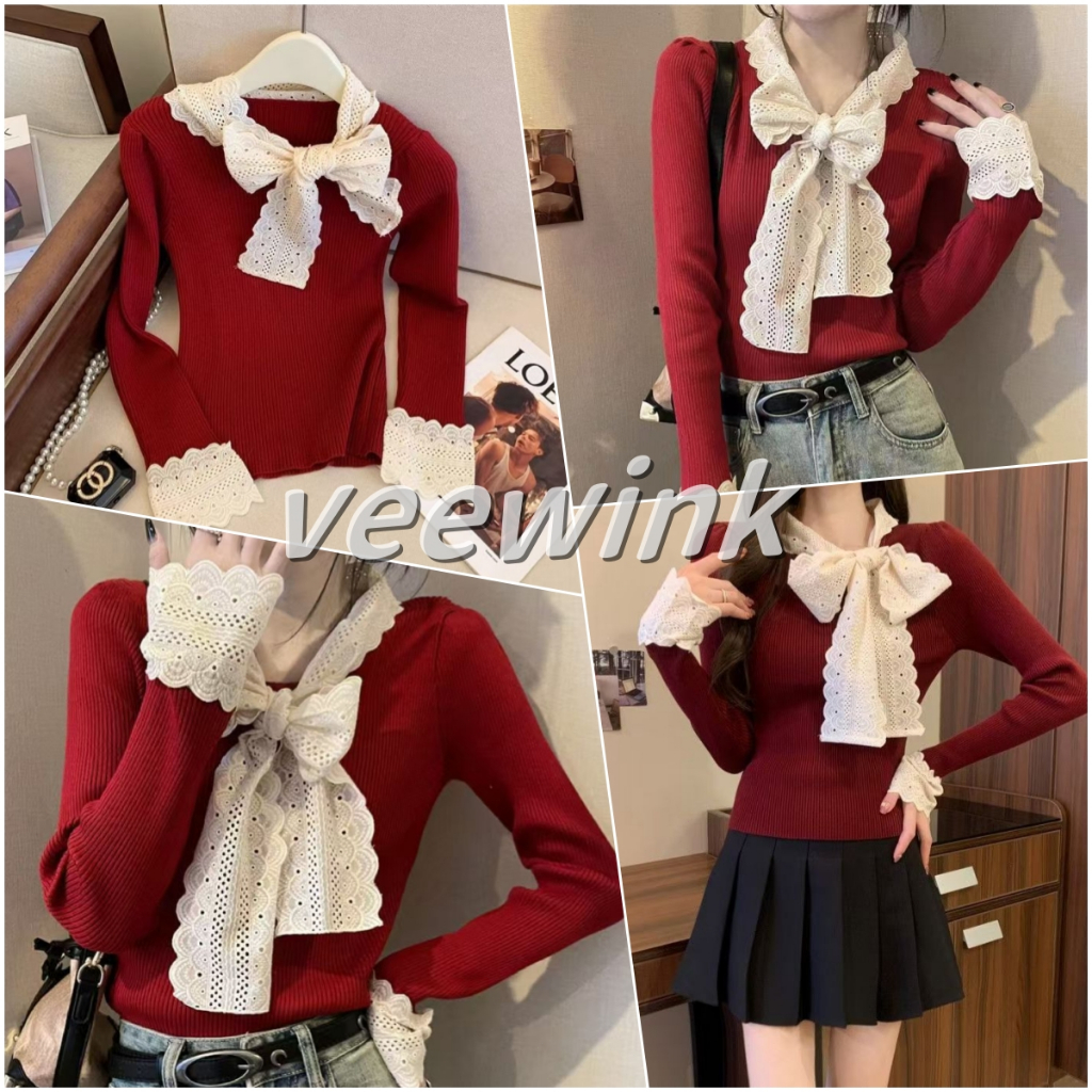 Veewink พร้อมส่งจากกทม ผ้าพันคอมีโบว์+อ่อนโยน ถัก แขนยาว เสื้อกันหนาว ผ้าพันคอโบว์