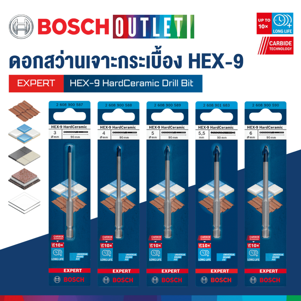 BOSCH ดอกสว่านเจาะกระเบื้องเเละกระจก EXPERT HEX-9 Hard Ceramic