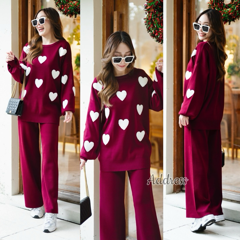 Knit Heart 3D Long Sleeve Top&Long Pant Set