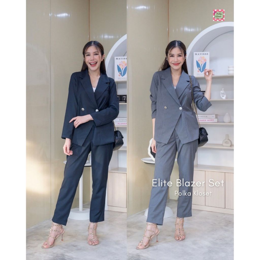 Elite Blazer Set 2 ชิ้น เสื้อสูท+กางเกงหุ่นเพรียว ผ้าวาเลนติโนนำเข้าจากญี่ปุ่น ลายริ้วในตัว เนื้อนุ่ม ซับอย่างเนี๊
