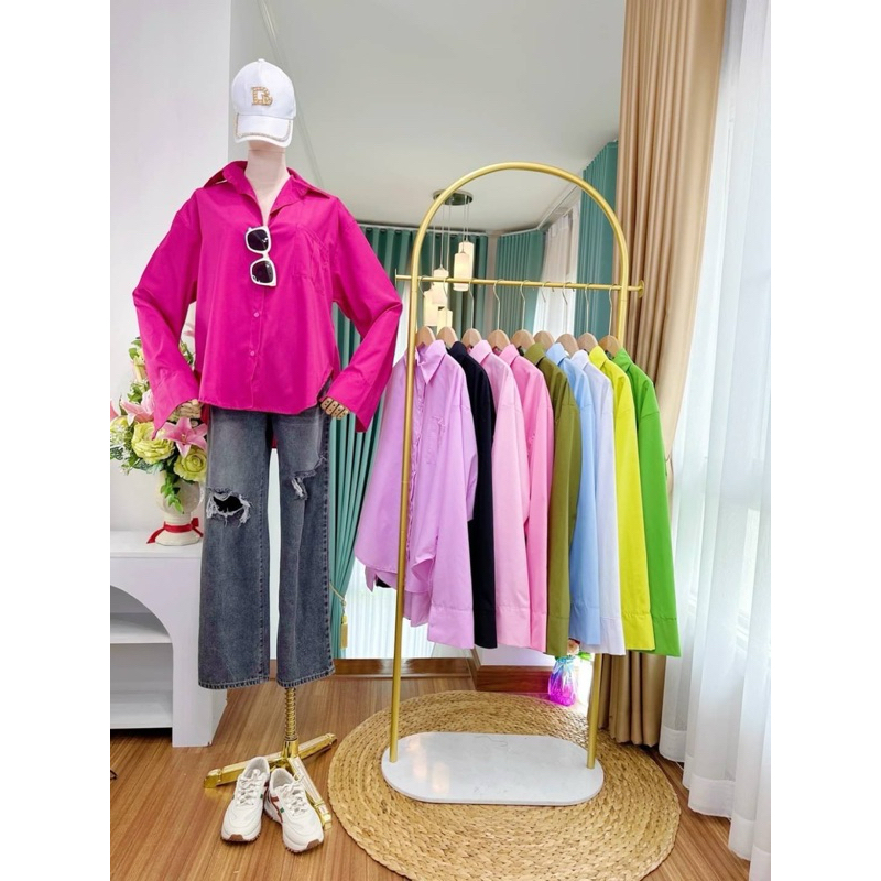 เสื้อเชิ้ตแขนยาว (Over size) สีพื้น ผ้า Cotton ใส่แมทช์ได้ทุกวัน