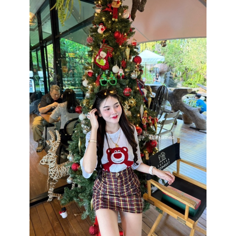#Thanyathep 𝐒𝐞𝐭3ชิ้น เซทน้อง โอเวอร์ไซส์ แขนสั้น แต่งหมีแถมโบว์มัดผมด้วย มาคู่กับกระโปรงสม็อคเอว