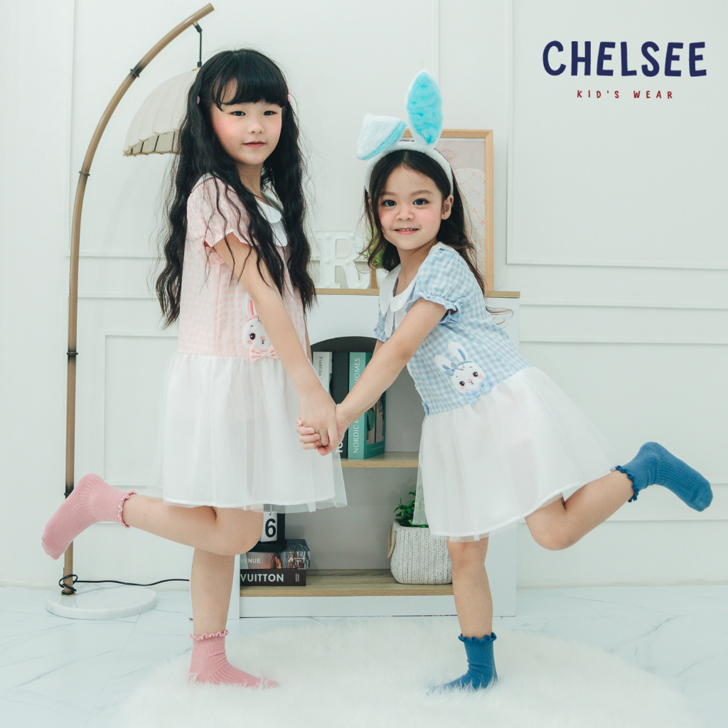 Chelsee ชุดเดรสกระโปรง ปกบัว ลายกระต่าย กระเป๋าหน้า ผ้า 100%Cotton เด็กผู้หญิง อายุ 1.5-10 ปี เสื้อผ้าเด็ก รุ่น 238089