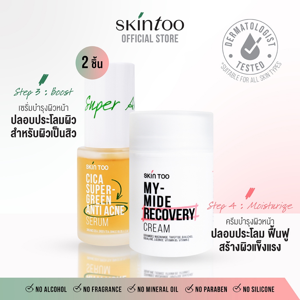 [เซ็ต2ชิ้น] เซ็ตไล่สิว ผิวแข็งแรง CICA SUPER GREEN ANTI ACNE SERUM+MY MIDE RECOVERY CREAM