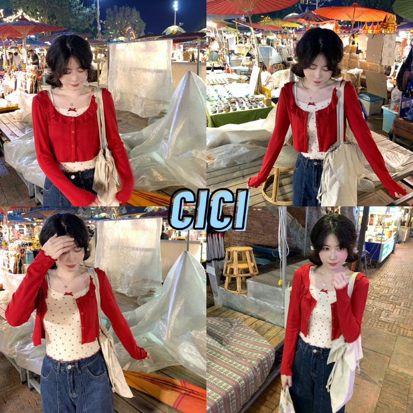 ส่งทันที Cici(NO. J1620) Set 2 ชิ้น สายเดี่ยว+เสื้อคลุมลายน้องเชอร์รี่ สดใส ซุกซน ขี้เล่น สไตล์เกาหลี