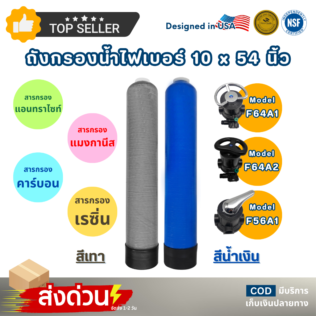 ถังกรองน้ำ Fiber Tank 10"x54"  ไฟเบอร์กลาส พร้อม หัววาล์วควบคุม F64A1 F64A2 F56A1 และอุปกรณ์ครบชุด