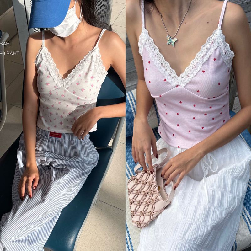 Bonnie top สายเดี่ยวลูกไม้ ผ้าร่อง ลายหัวใจ ลายดอกไม้