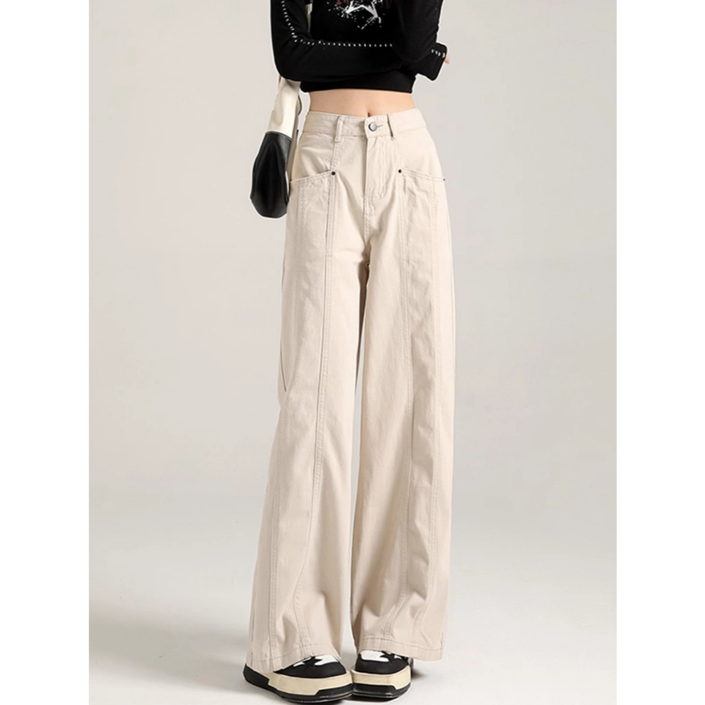 กางเกงยีนส์ทำงานสีแอปริคอทของผู้หญิง กางเกงทรงตรงเอวสูงทรงหลวมแบบใหม่ กางเกงขากว้างลำลอง