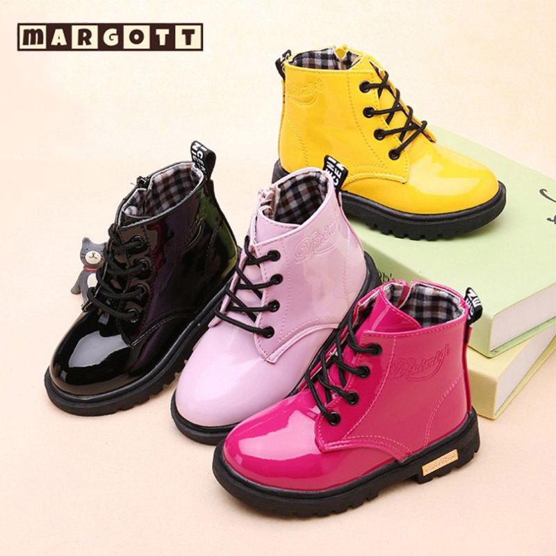 【margott9】รองเท้าบูทมาร์ตินสำหรับเด็ก รองเท้าบูทหนังกันลื่นสำหรับเด็กผู้ชาย รองเท้าบู๊ตสีดำของเด็กผู้หญิง