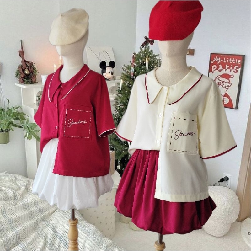 เสื้อคอปกแขนสั้น กุ้นคอ และแขนด้วยด้ายตัดสีผ้าคอตตอนผสมเนื้อหนา นุ่ม ลื่น ผ้าทิ้งตัวปักStrawbery ที่กระเป๋าหน้า
