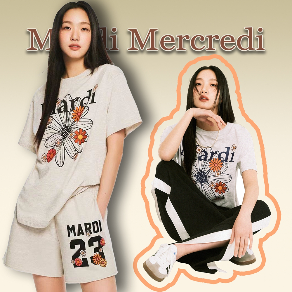 แท้ / พร้อมส่ง MARDI Mercredi Tshirt Flowermardi Blossom Korea แท้ Oatmeal Black T-Shirt 100% Cotton ฟรีไซซ์