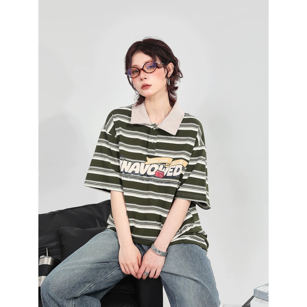 CLIFF สไตล์ญี่ปุ่น ลายทาง เสื้อโปโล แนววินเทจ แบบหลวม แขนสั้นฤดูร้อน ปกพับ - รูปที่ 3