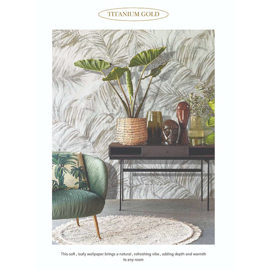 MDwallpaper วอลเปเปอร์ติดผนัง TITANIUM GOLD ชนิดทากาว ลายใบไม้