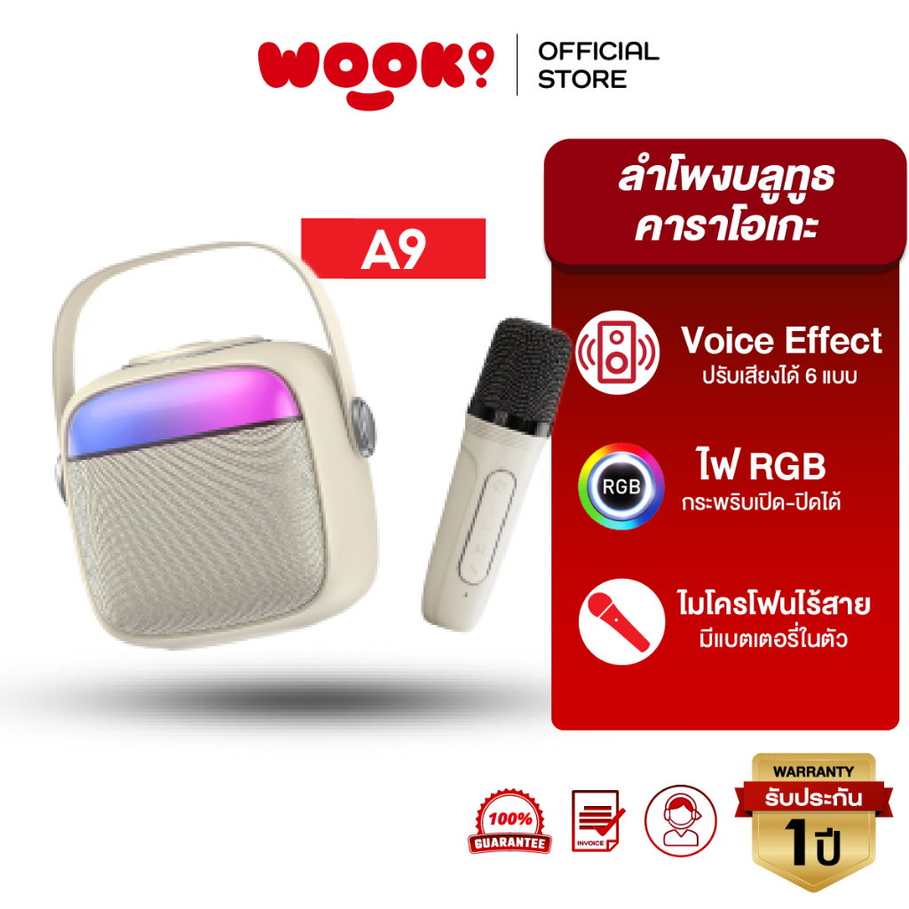 WOOK x  ACOME ลำโพงบลูทูธ A9 ลำโพงคาราโอเกะ ไมค์ไร้สาย Bluetooth 5.3 พร้อมไฟ RGB รองรับ Aux in และ T
