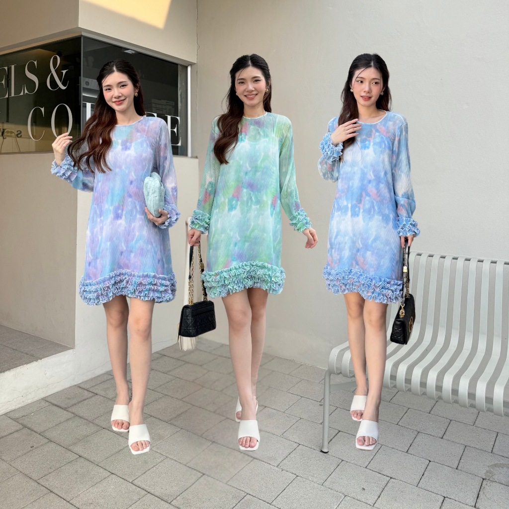 NOOZZSHOP 5911396 เดรสสั้นผ้าพลีทพิมพ์ลาย แขนยาวแขนและชายกระโปรงระบายฟูๆ มีซับใน