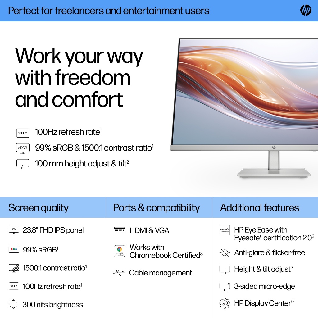 HP Monitor 23.8″/27″ ปรับความสูงได้ FHD 1920 x 1080 / IPS /100 Hz /Series 5 จอคอมพิวเตอร์ ราคา ถูกที่สุด ดีลบีเคเค แกลเลอรีภาพที่ 3