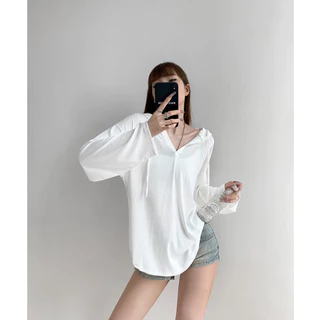 Beryl เสื้อยืดแขนยาวมีฮู้ดสไตล์ขี้เกียจสำหรับผู้หญิง เสื้อหลวมและหลากหลาย สไตล์เกาหลี