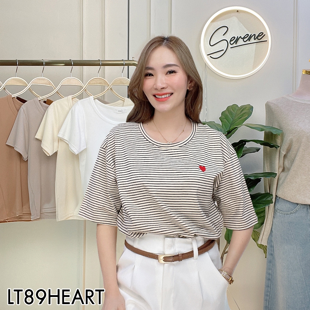 Serene's Choice เสื้อคอกลมแขนสั้น ลายทางเล็กปักหัวใจ Short Sleeve Striped and Heart Embroidery T-Shirt