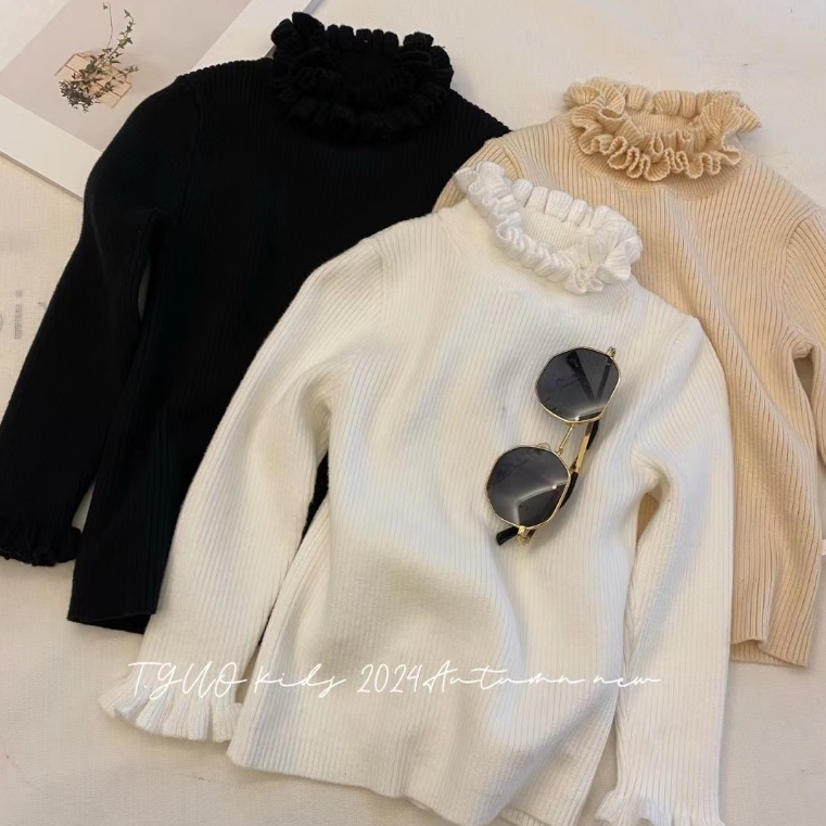เสื้อเด็กผู้หญิง แขนยาว คอปกสูง ขาว/เบจ/ดำ สามสี เสื้อเบลาส์รัฟเฟิล กันหนาวเด็ก