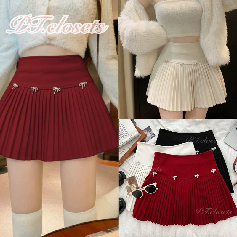 ✔️พร้อมส่ง✔️ กระโปรงเอวสูงแต่งจีบรอบตัว ซับในกางเกง เข็มกลัดโบว์เล็ก น่ารักมากก #INT