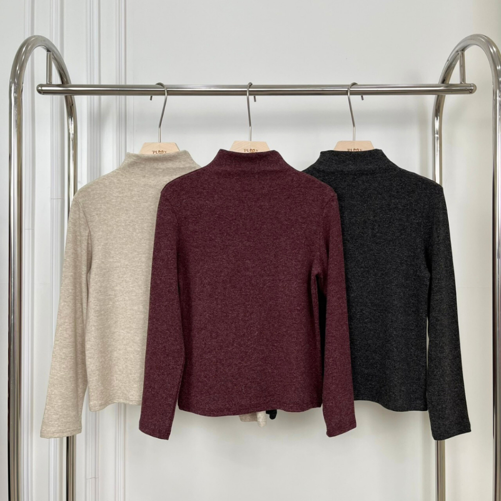 PP5688 เสื้อแขนยาวคอปีนลายกระ สีพื้น WOMEN