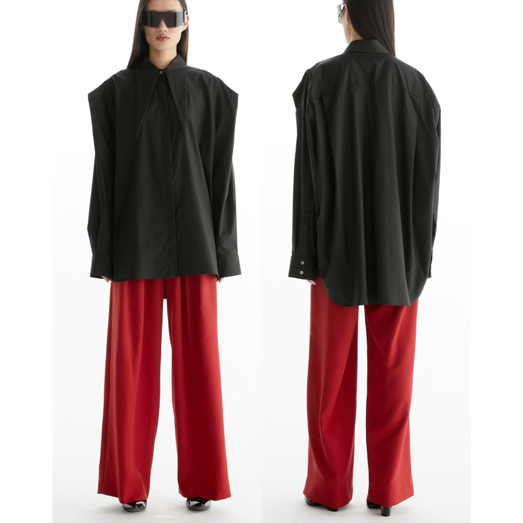 The SRT X14 (TBL245) Snowpiercer Oversized Shirt - เสื้อเชิ้ตโอเวอร์ไซส์แขนยาว ปกแหลม สีดำ — صورة 6