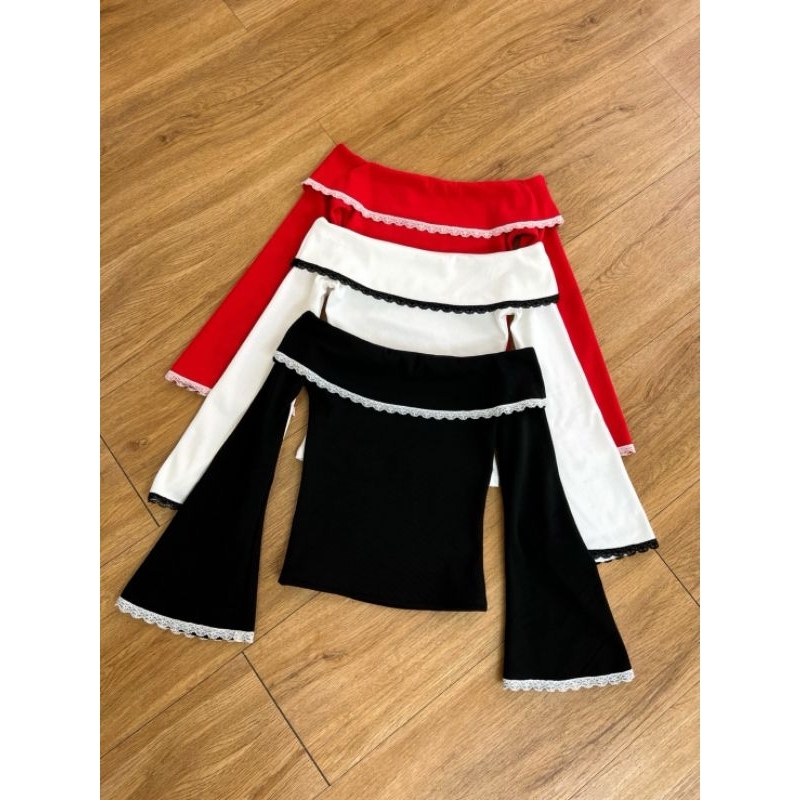 เสื้อครอปปาดไหล่แขนยาว ปาดไหล่แขนยาวสกรีนลายสุดน่ารัก พร้อมส่ง