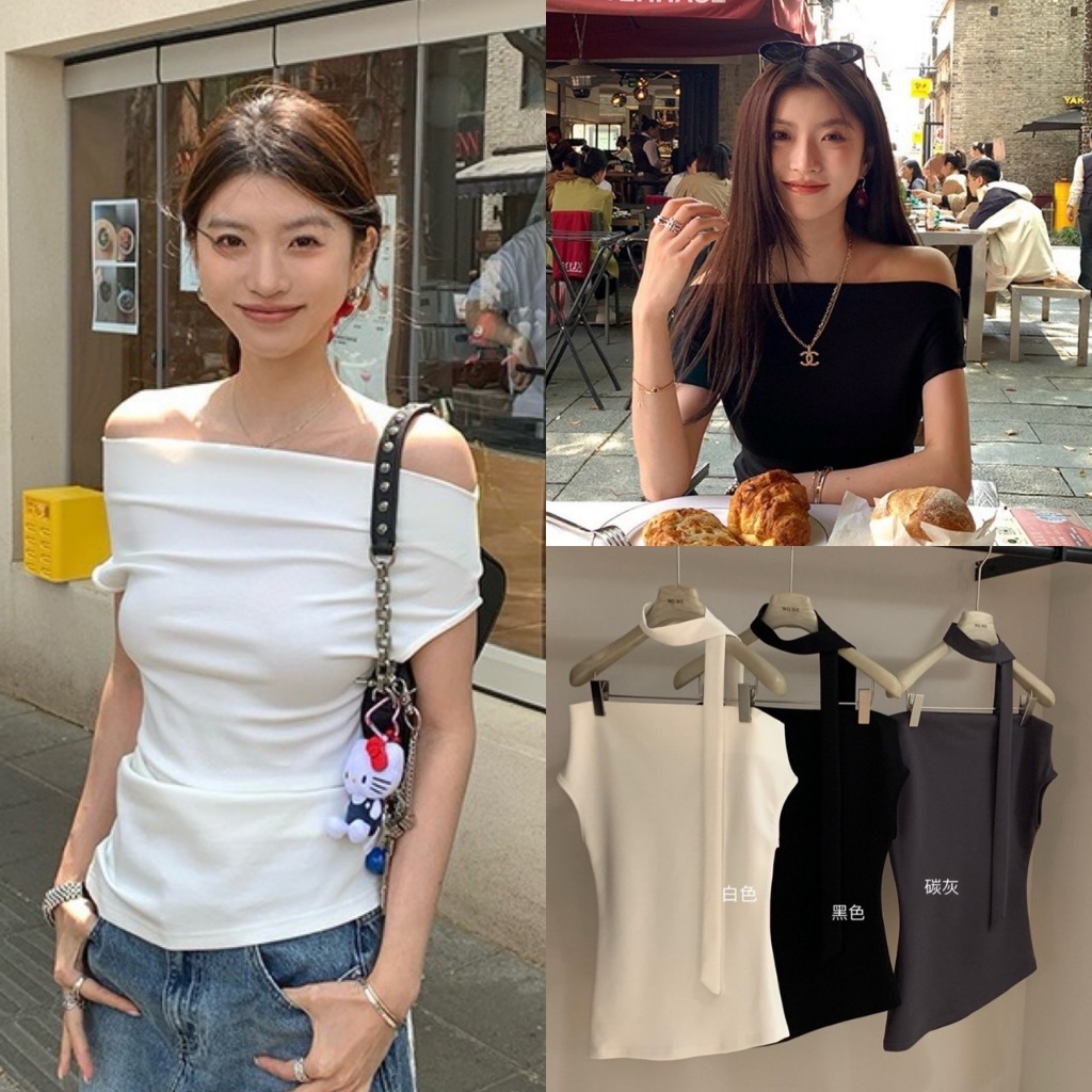 W3256 เสื้อปาดไหล่ผ้ายืด แต่งจีบช่วงเอวเล็กน้อย ทรงน่ารัก แฟชั่นเกาหลี TAG WG.WE