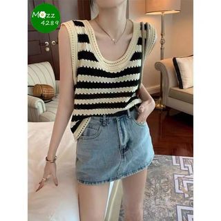 MQzz4289 *พร้อมส่ง* เสื้อกล้ามถักไหมพรมลายทาง เก๋ไก๋ ใส่ยังไงก็สวย FreeSize