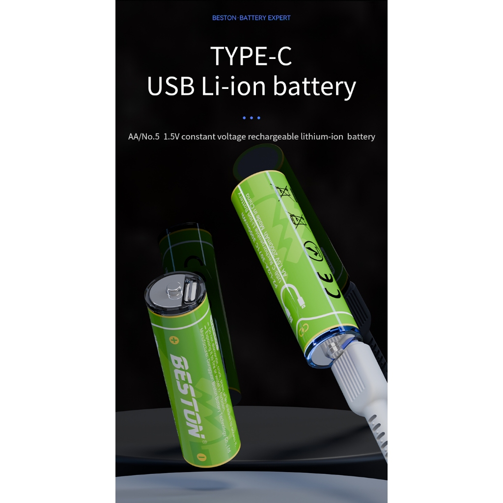 ถ่านชาร์จ Beston USB Battery Type-C  ชาร์จเร็ว ถ่าน AA 3000mWh 1.5V Li-ion 1 แพ๊ค 4ก้อน ของแท้ 100% มีสายชาร์จแถมในกล่อง