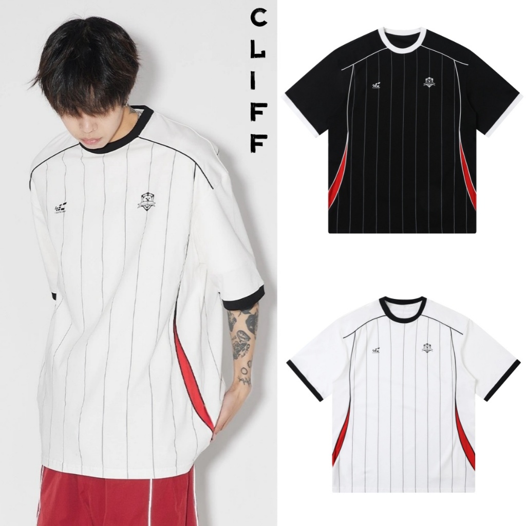 CLIFF ลายทาง สไตล์อเมริกัน แขนสั้น แบบหลวม คอกลม ยอดนิยม แมทช์ลุคง่าย เสื้อยืด
