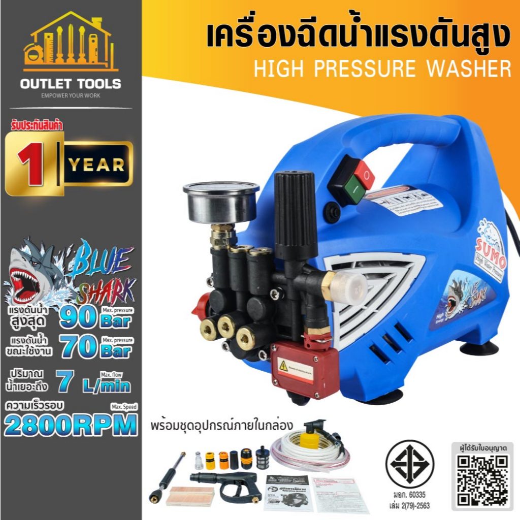 (ประกัน 1ปี) เครื่องอัดฉีดน้ำแรงดันสูง สำหรับ ล้างรถ ฟอร์นิเจอร์ พื้น บริเวณบ้าน Motor Induction