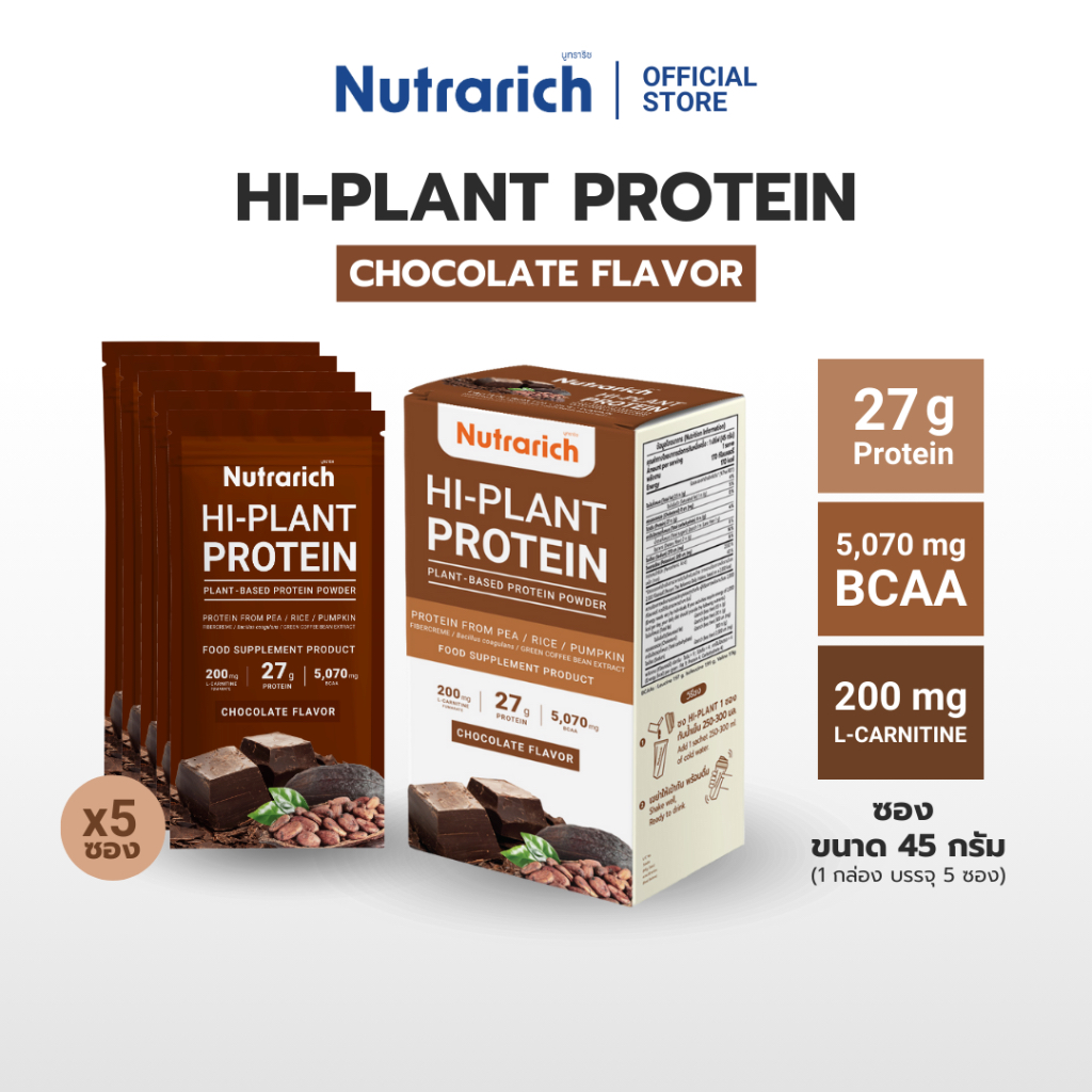 Hi-Plant Protein ไฮ-แพลนท์ โปรตีน กลิ่นช็อกโกแลต ตรา Nutrarich (นูทราริช) กล่องบรรจุ 5 ซอง