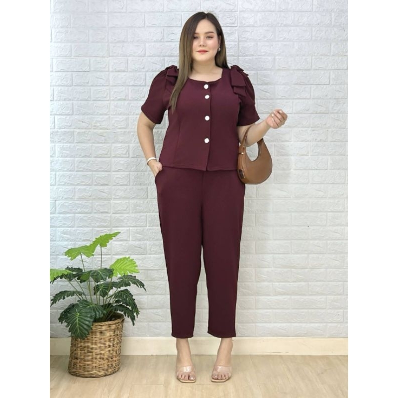ชุดเซตสาวอวบอ้วน Miss M.A.Closet เซตเสื้อตกแต่งโบว์ไหล่&กางเกงขายาว(ความยาวกางเกง38นิ้ว)Lady ผู้หญิง Clothing Women
