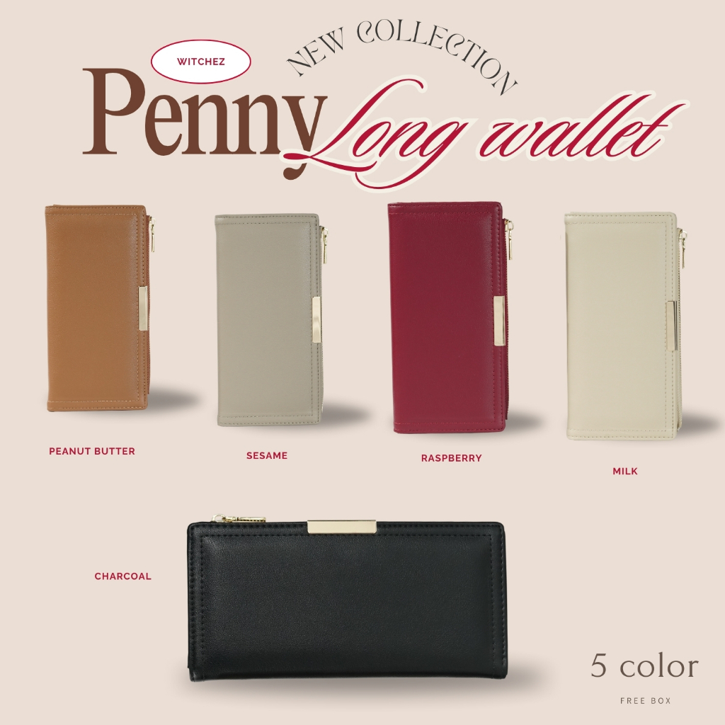กระเป๋าสตางค์ใบยาวWitchez Penny long Walletกระเป๋าตังค์สีดำ กระเป๋าตังค์ซิปบนอะไหล่เงินหนังเรียบ
