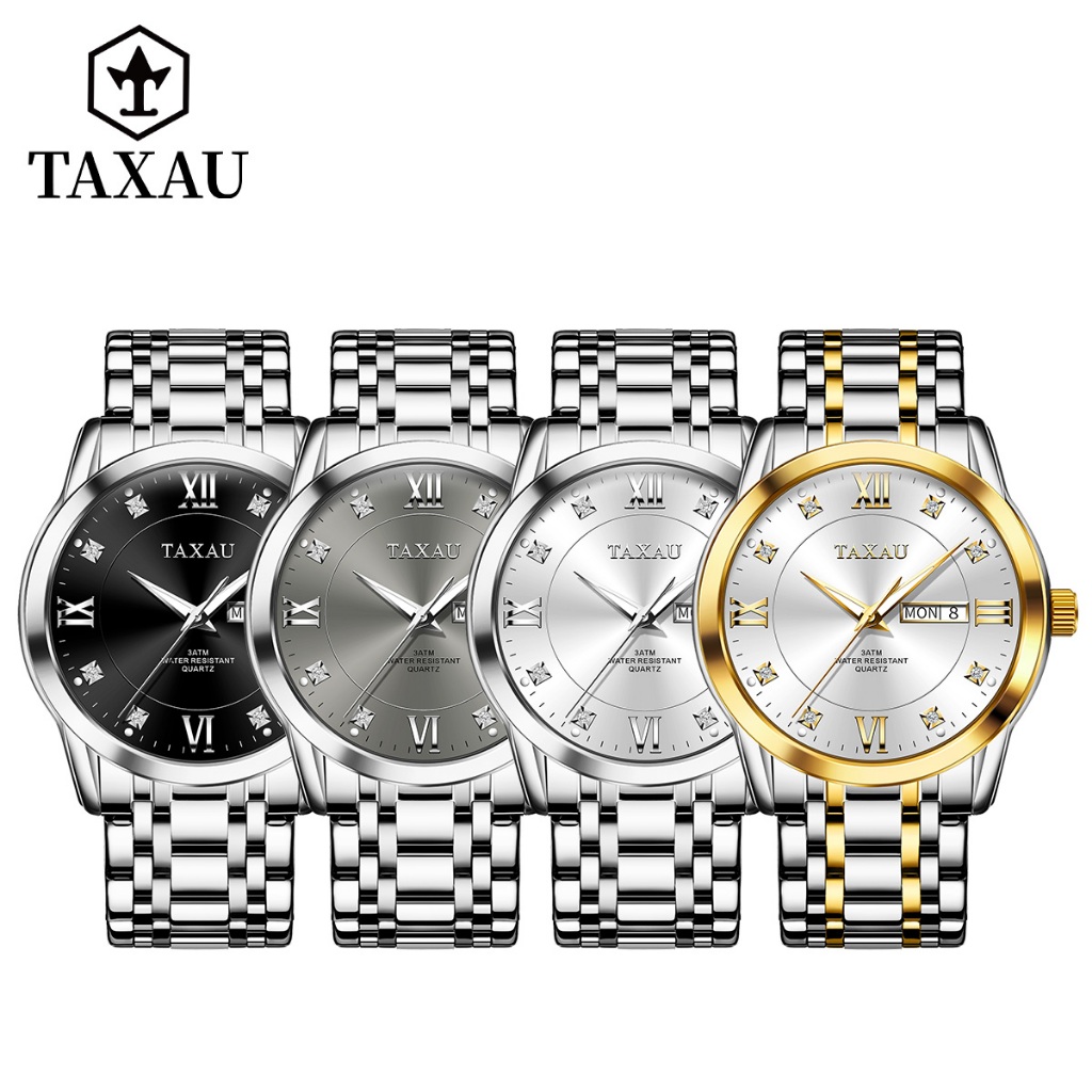 TAXAU นาฬิกาผู้ชาย กันน้ำ 100% แท้ ธุรกิจ กีฬา รับประกัน พร้อมกล่อง ดูเวลา ดูวันที่ เรืองแสง สายสเตนเลส รับประกัน 8401