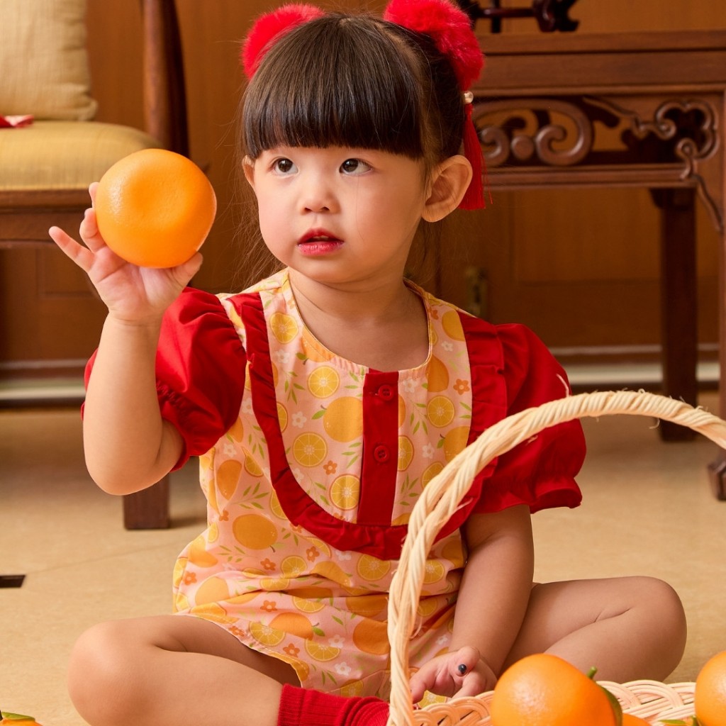 e'clat เสื้อตรุษจีนเด็ก เสื้อเด็กผู้หญิง 1-6ปี คอกลม  ผ้าพิมพ์ลายส้ม ผ้าcotton100%ผ้าไม่ยืด 8072