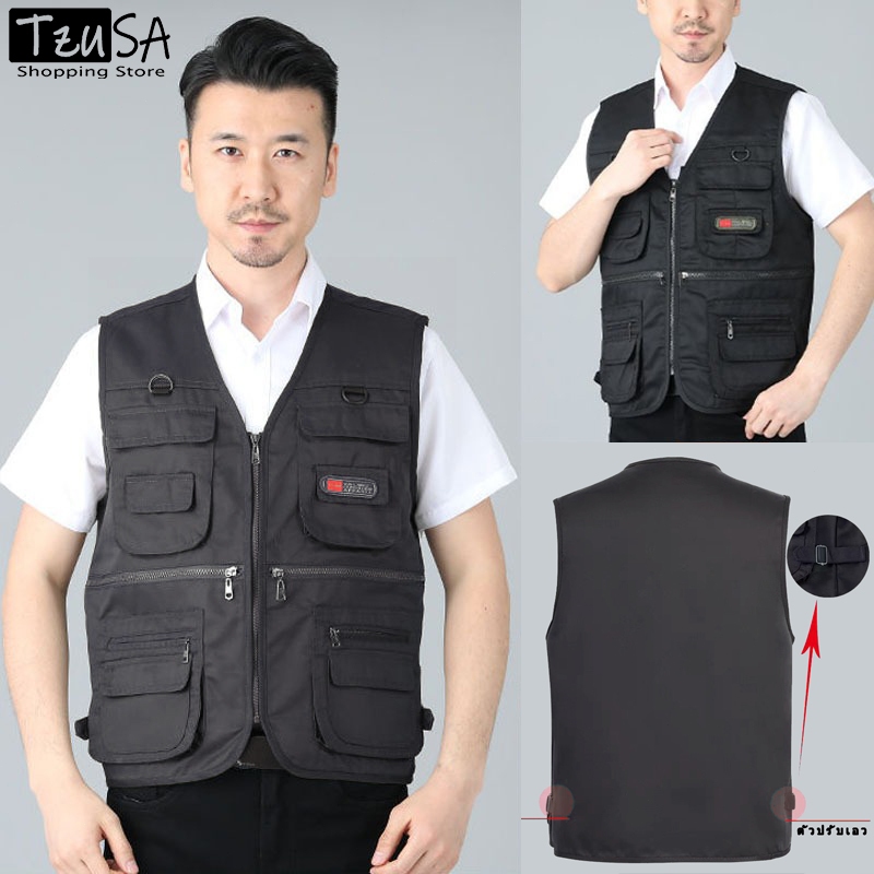 Tzusa เสื้อกั๊กผู้ชายหลายกระเป๋า, แจ็คเก็ตซิป, เสื้อกั๊กลําลองฤดูใบไม้ผลิและฤดูใบไม้ร่วง จัดส่งฟรี