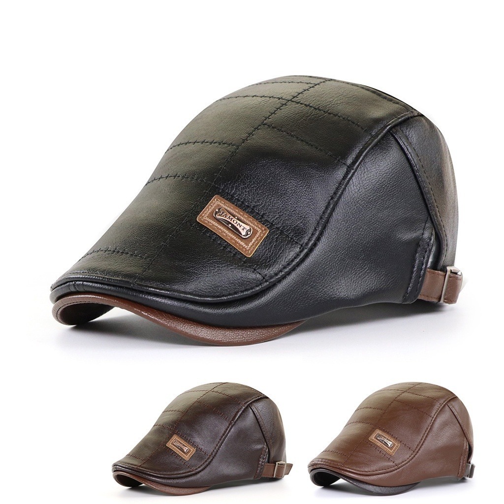 Retro Peaked หมวก PU หนัง Beret ผู้ชายหนัง Faux Beret Sun Visor อบอุ่นแบนหมวกปรับ
